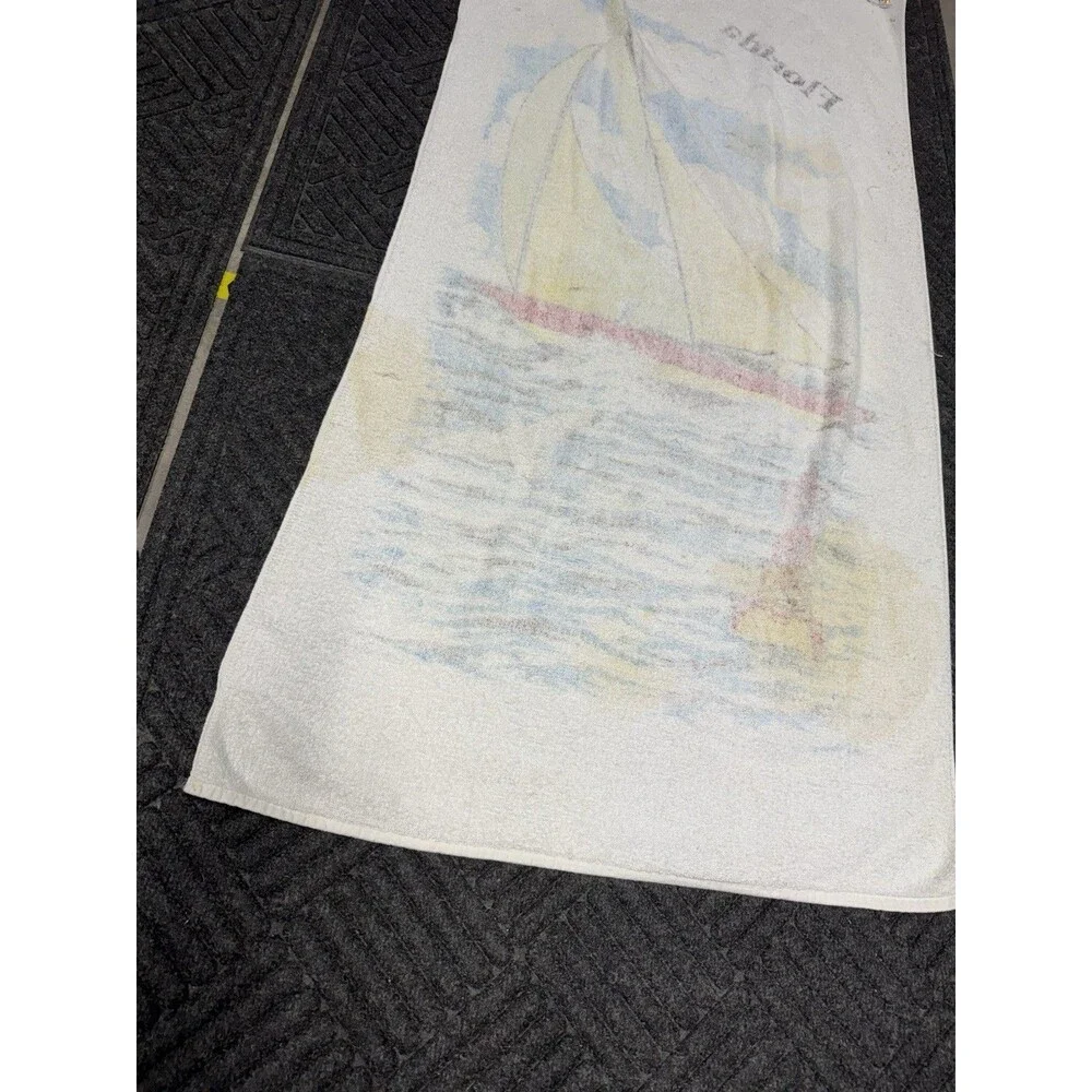Vintage Sherry MFG Co. FLORIDA Beach Towel Sail Boat Water Bright Color STAINS
